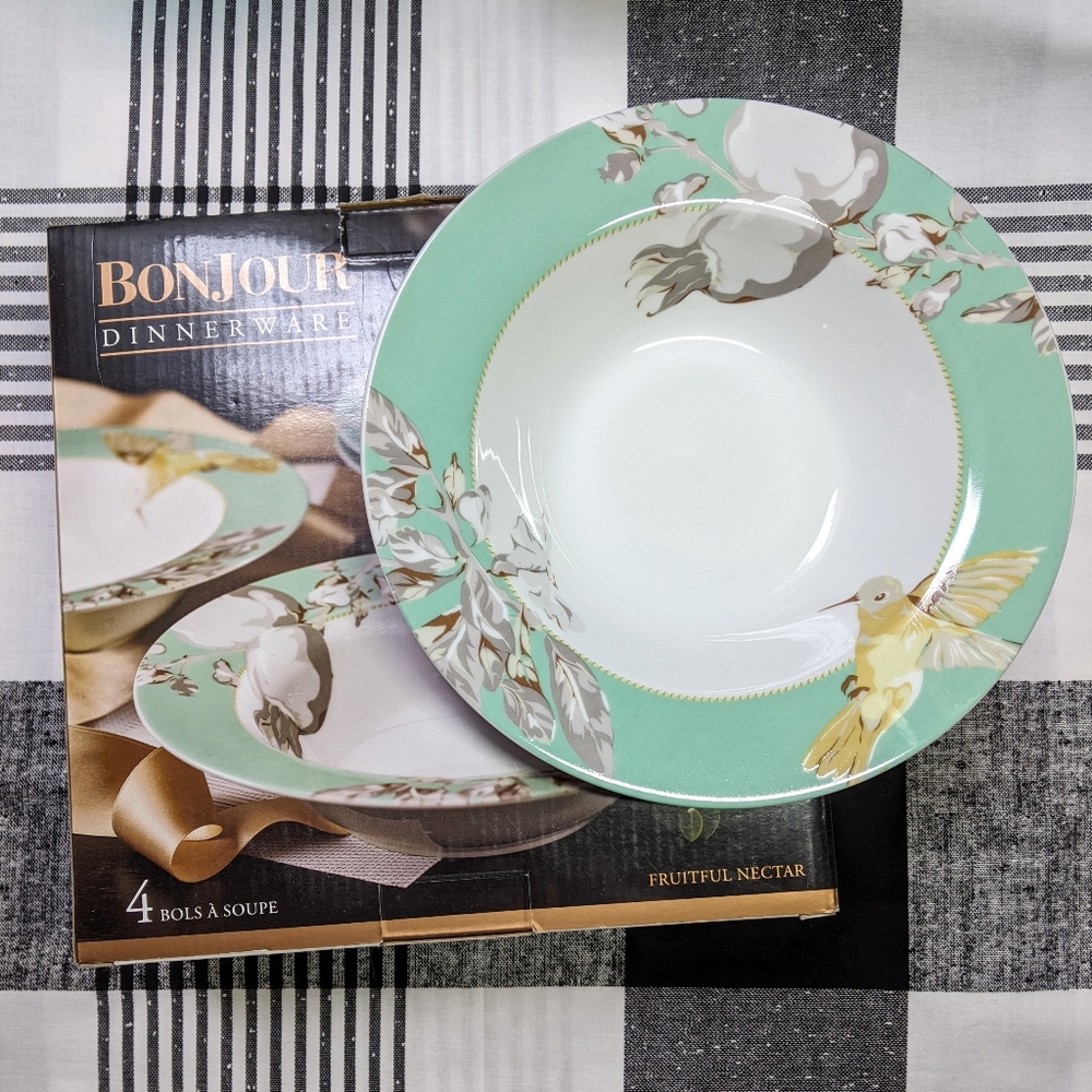 BonJour Dinnerware Fruitful Nectar set of 4 soup bowls w/ hummingbird NWT